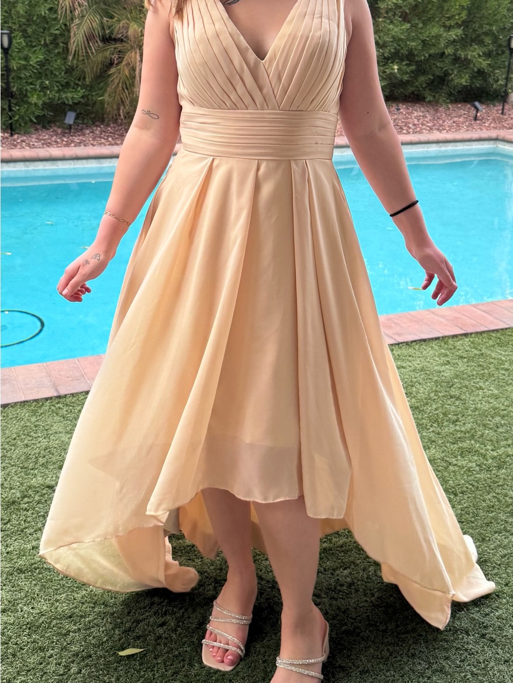 Handmade Champagne Chiffon Dress Size 8 High-Low Hem Corset Back Pockets